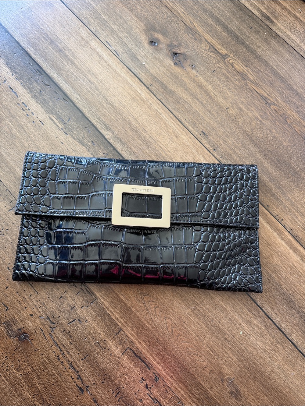 Patent Croc-Embossed Black Clutch with Gold Buckle